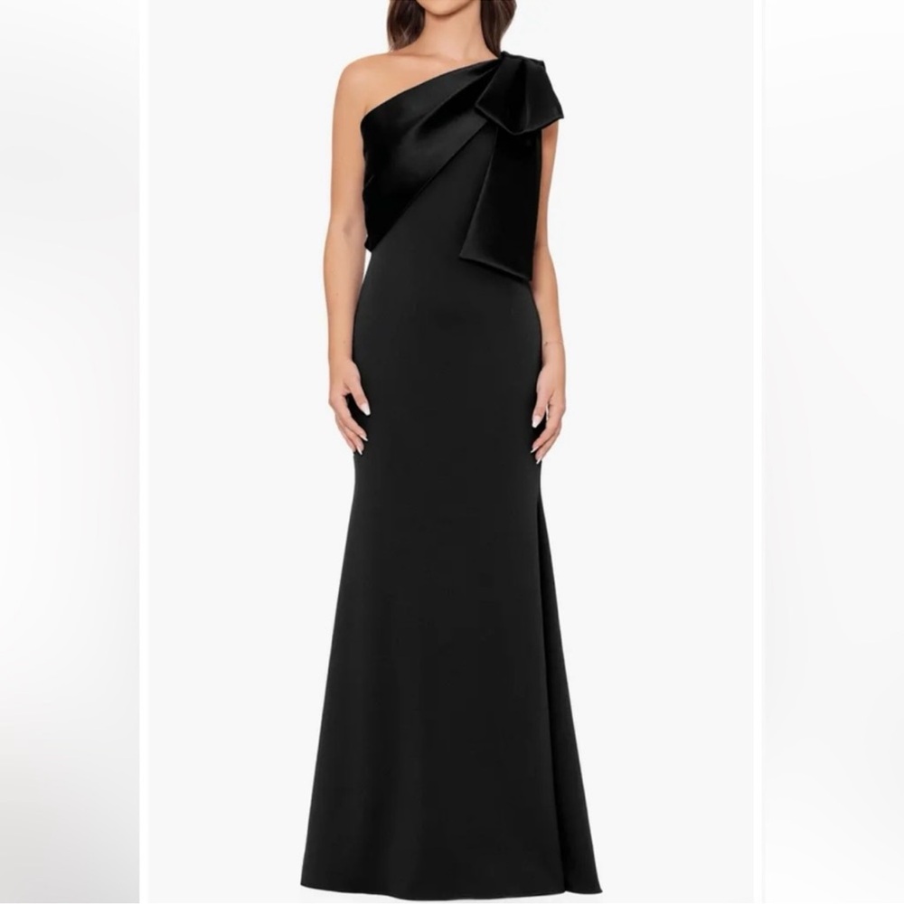 Betsy & Adam Carmela Satin Bow Scuba Crepe Mermaid Gown Maxi Dress Size 8